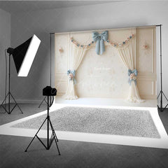 Aperturee - Aperturee Elegant Vintage Wedding Photography Backdrop Cream Curtains with Blue Bows Classic and Romantic Studio Prop