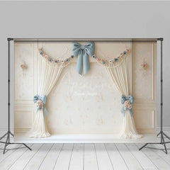 Aperturee - Aperturee Elegant Vintage Wedding Photography Backdrop Cream Curtains with Blue Bows Classic and Romantic Studio Prop