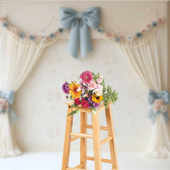 Aperturee - Aperturee Elegant Vintage Wedding Photography Backdrop Cream Curtains with Blue Bows Classic and Romantic Studio Prop