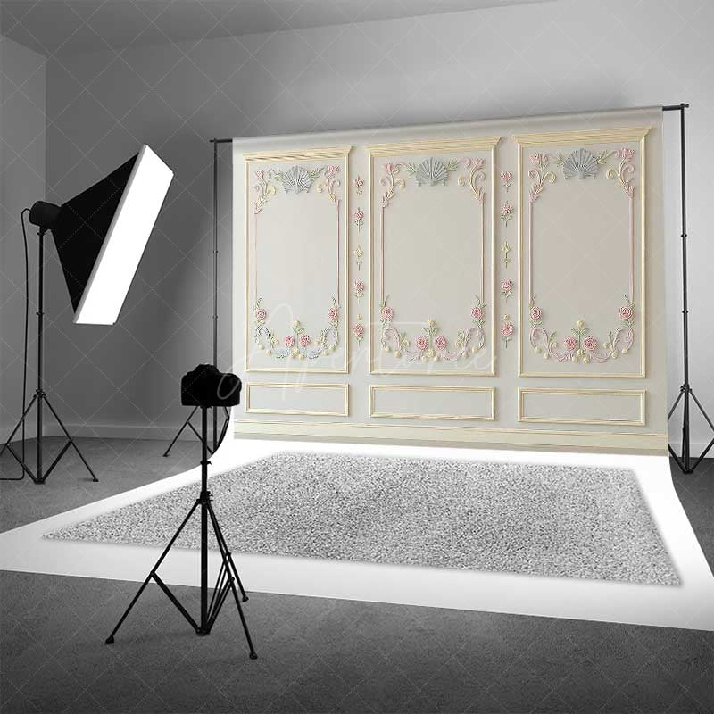 Aperturee Aperturee Elegant Wall Photography Backdrop with Ornate Floral and Shell Molding Classic Vintage Panel Studio Photo Prop