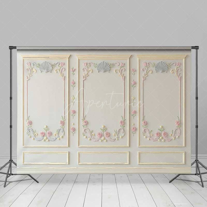 Aperturee Aperturee Elegant Wall Photography Backdrop with Ornate Floral and Shell Molding Classic Vintage Panel Studio Photo Prop