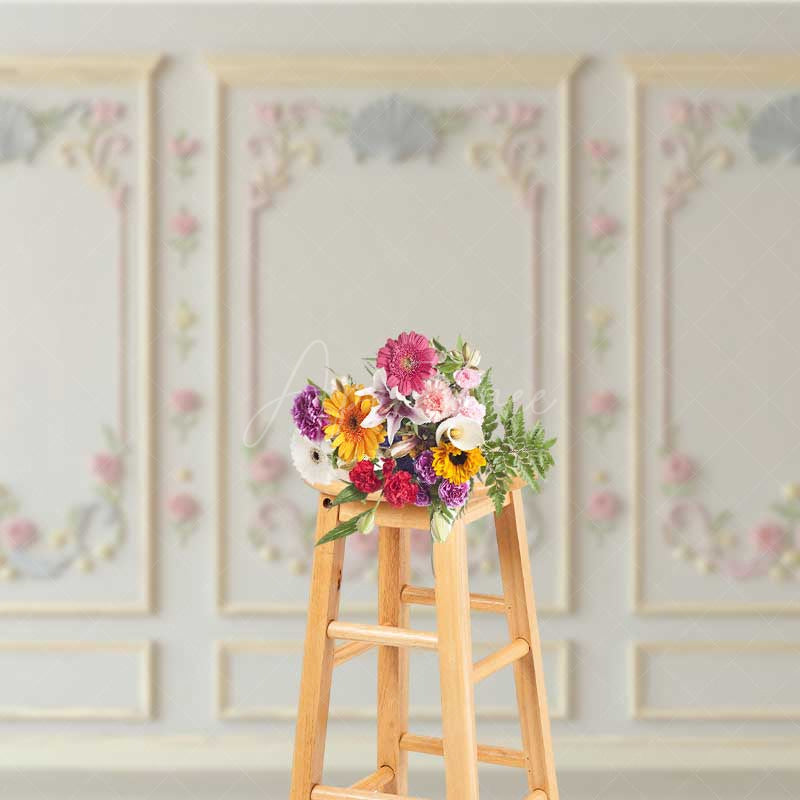 Aperturee Aperturee Elegant Wall Photography Backdrop with Ornate Floral and Shell Molding Classic Vintage Panel Studio Photo Prop
