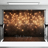 Aperturee - Aperturee Elegant Warm Glow Hanging Light Bulbs Photography Backdrop Dark Textured Wall with Wooden Floor