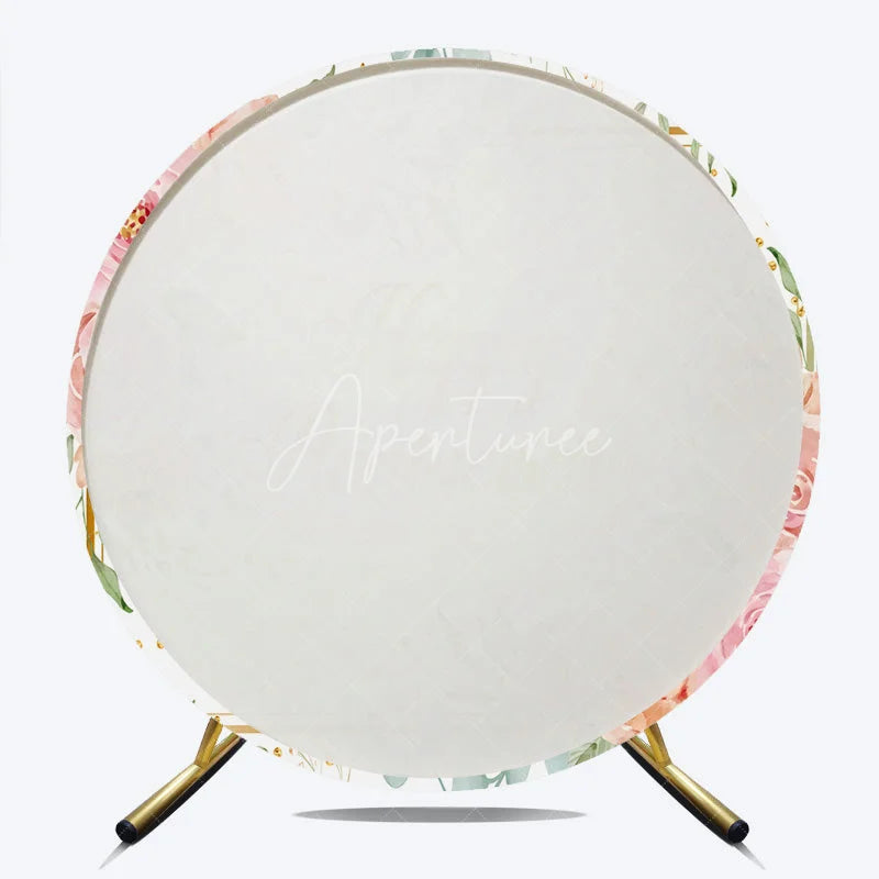 Aperturee - Aperturee Elegant Watercolor Happy Anniversary Round Backdrop featuring Pink Peach Roses and Golden Glitter Sprinkles.