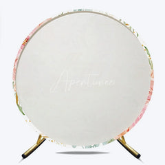 Aperturee - Aperturee Elegant Watercolor Happy Anniversary Round Backdrop featuring Pink Peach Roses and Golden Glitter Sprinkles.