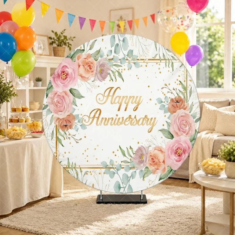 Aperturee - Aperturee Elegant Watercolor Happy Anniversary Round Backdrop featuring Pink Peach Roses and Golden Glitter Sprinkles.