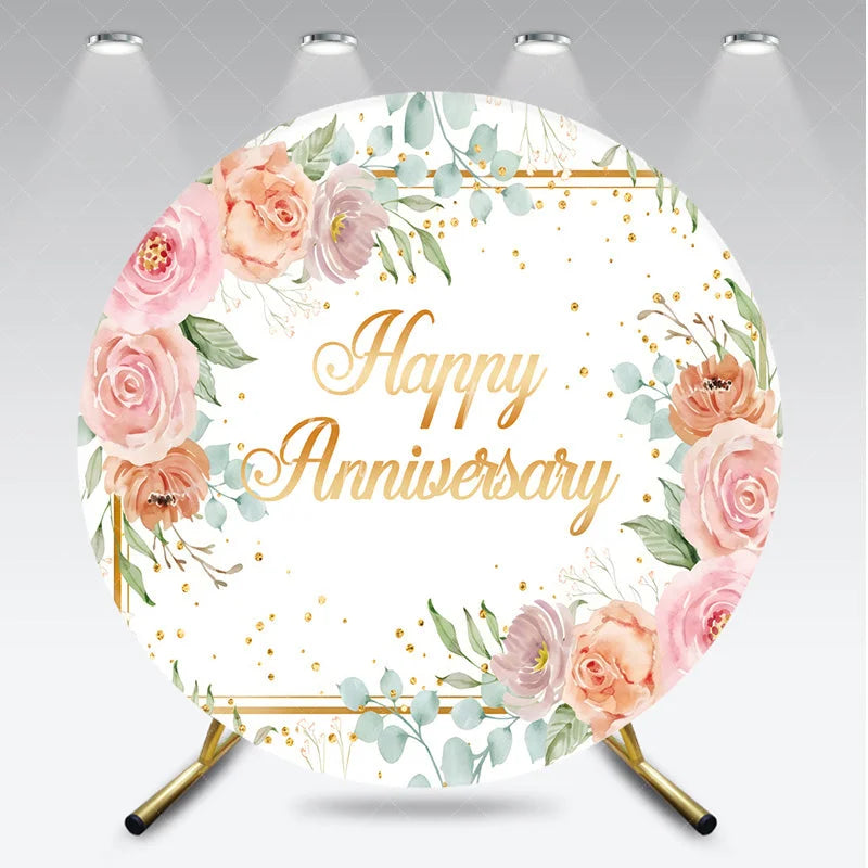 Aperturee - Aperturee Elegant Watercolor Happy Anniversary Round Backdrop featuring Pink Peach Roses and Golden Glitter Sprinkles.