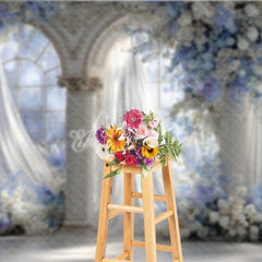 Aperturee - Aperturee Elegant Wedding Arch Backdrop Blue and White Floral Window Sheer Curtains Photography Background Props