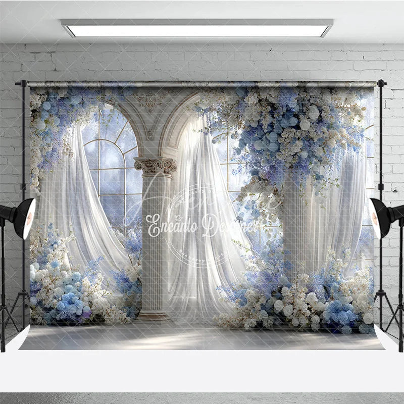 Aperturee - Aperturee Elegant Wedding Arch Backdrop Blue and White Floral Window Sheer Curtains Photography Background Props