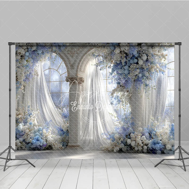 Aperturee - Aperturee Elegant Wedding Arch Backdrop Blue and White Floral Window Sheer Curtains Photography Background Props