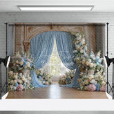 Aperturee - Aperturee Elegant Wedding Arch Backdrop Blue Drapes on Ornate Gold Arch Pink and Blue Floral Bridal Shower Photo Props
