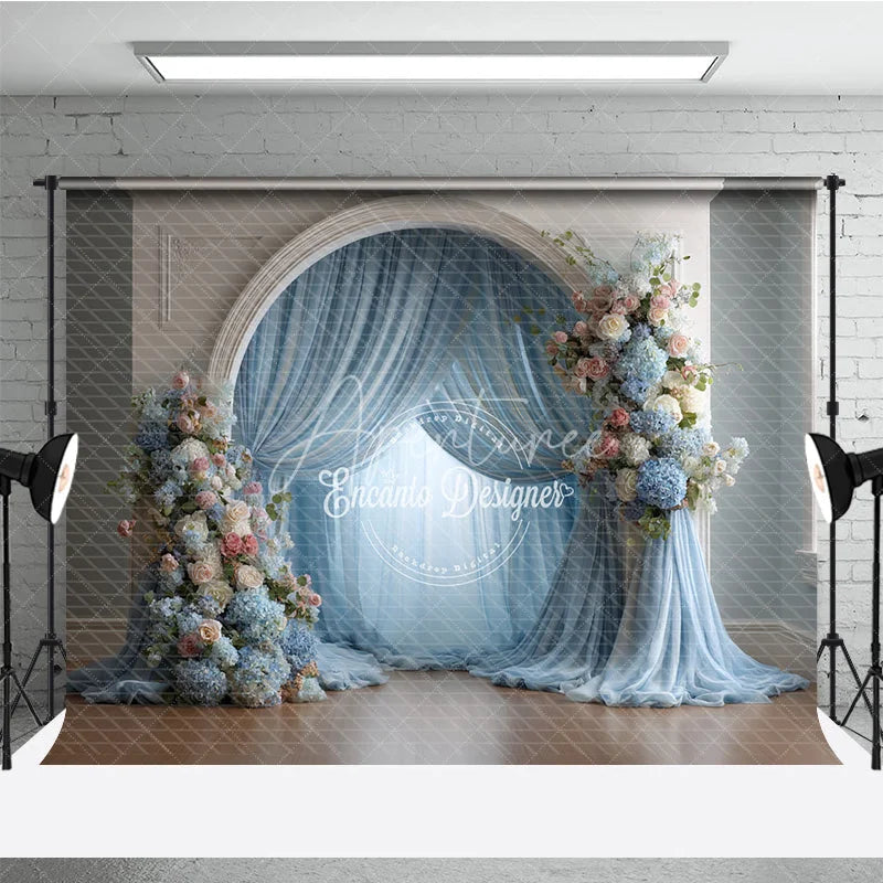 Aperturee - Aperturee Elegant Wedding Arch Backdrop White Arch with Dusty Blue Drapes Pink Blue Floral Decor for Bridal Shower