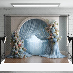 Aperturee - Aperturee Elegant Wedding Arch Backdrop White Arch with Dusty Blue Drapes Pink Blue Floral Decor for Bridal Shower