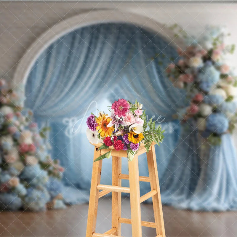 Aperturee - Aperturee Elegant Wedding Arch Backdrop White Arch with Dusty Blue Drapes Pink Blue Floral Decor for Bridal Shower
