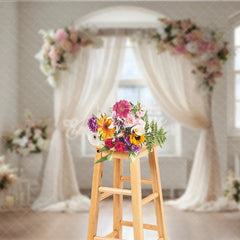 Aperturee - Aperturee Elegant Wedding Arch Backdrop Window with Cream Drapes Pink Rose Floral Decor for Bridal Shower Photo Prop