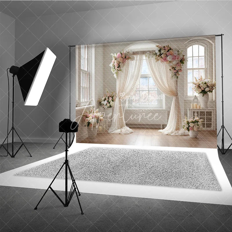 Aperturee - Aperturee Elegant Wedding Arch Backdrop Window with Cream Drapes Pink Rose Floral Decor for Bridal Shower Photo Prop