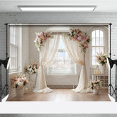 Aperturee - Aperturee Elegant Wedding Arch Backdrop Window with Cream Drapes Pink Rose Floral Decor for Bridal Shower Photo Prop