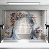 Aperturee - Aperturee Elegant Wedding Backdrop Arch Window with Dusty Blue Drapes Pink Rose and Hydrangea Floral Arrangements