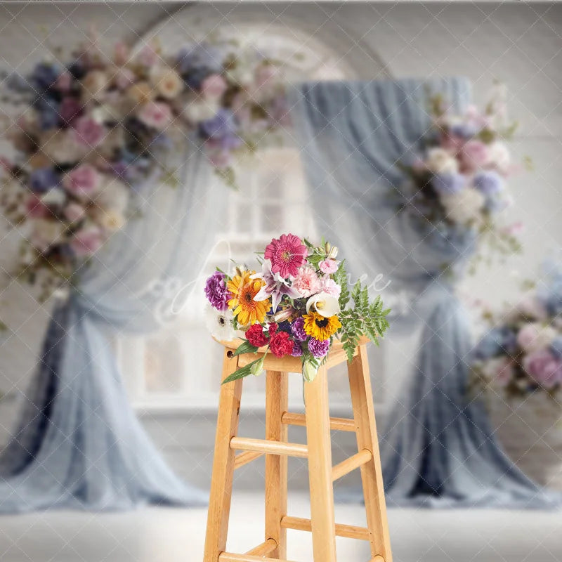 Aperturee - Aperturee Elegant Wedding Backdrop Arch Window with Dusty Blue Drapes Pink Rose and Hydrangea Floral Arrangements