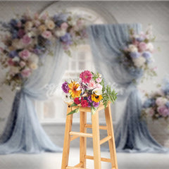 Aperturee - Aperturee Elegant Wedding Backdrop Arch Window with Dusty Blue Drapes Pink Rose and Hydrangea Floral Arrangements