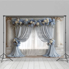 Aperturee - Aperturee Elegant Wedding Backdrop Dusty Blue Drapes with White Rose Classic Columns Photography Background Decor