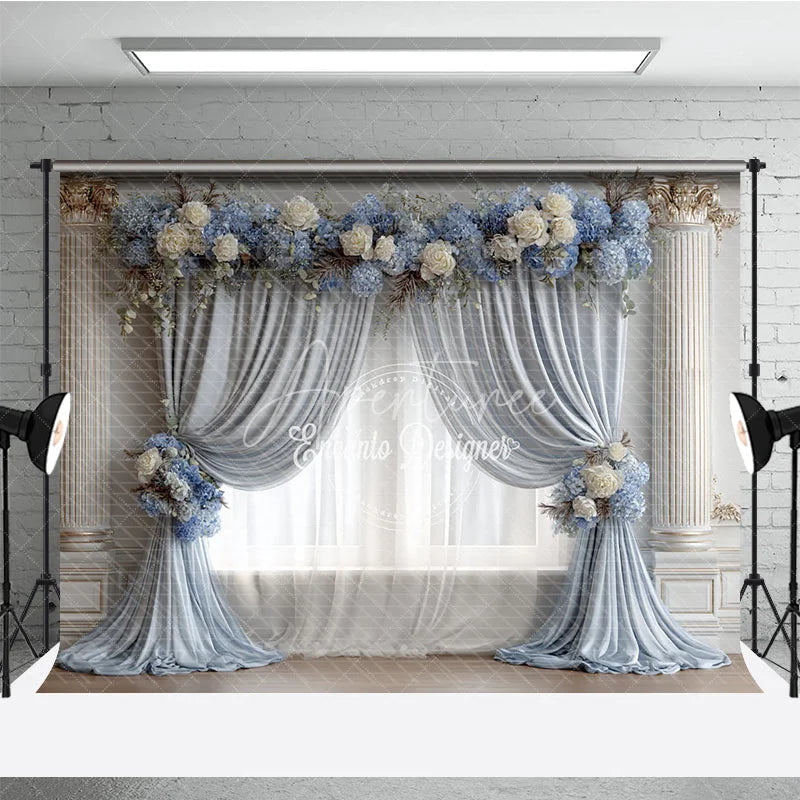 Aperturee - Aperturee Elegant Wedding Backdrop Dusty Blue Drapes with White Rose Classic Columns Photography Background Decor