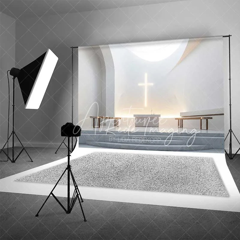 Aperturee - Aperturee Elegant Wedding Backdrop Modern White Chapel Interior with Glowing Cross Sacred Ceremony Photography