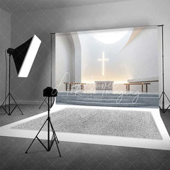 Aperturee - Aperturee Elegant Wedding Backdrop Modern White Chapel Interior with Glowing Cross Sacred Ceremony Photography