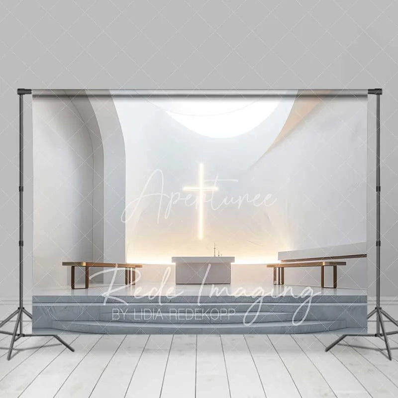 Aperturee - Aperturee Elegant Wedding Backdrop Modern White Chapel Interior with Glowing Cross Sacred Ceremony Photography
