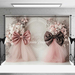 Aperturee - Aperturee Elegant Wedding Photography Backdrop Pink and Brown Bows with Floral Accents Romantic and Chic Studio Prop Decor