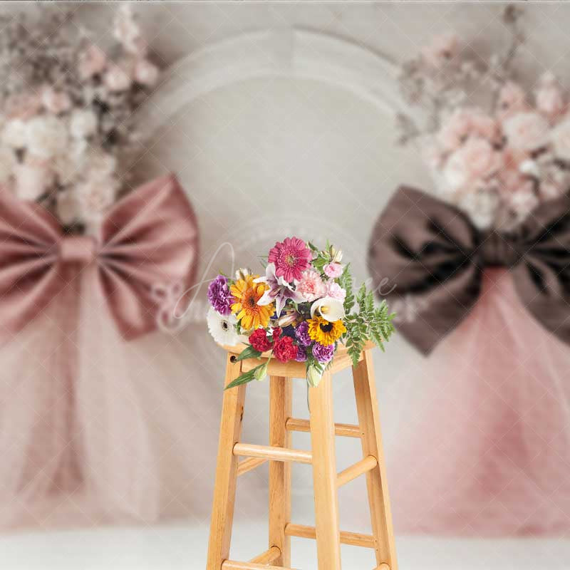 Aperturee - Aperturee Elegant Wedding Photography Backdrop Pink and Brown Bows with Floral Accents Romantic and Chic Studio Prop Decor