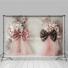 Aperturee - Aperturee Elegant Wedding Photography Backdrop Pink and Brown Bows with Floral Accents Romantic and Chic Studio Prop Decor