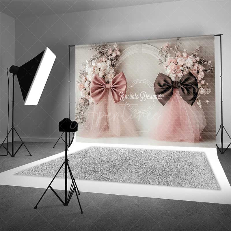 Aperturee - Aperturee Elegant Wedding Photography Backdrop Pink and Brown Bows with Floral Accents Romantic and Chic Studio Prop Decor