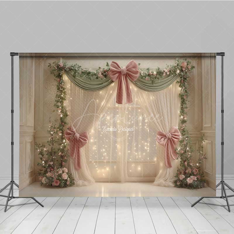 Aperturee - Aperturee Elegant Wedding Photography Backdrop Pink Bows and Fairy Light Curtains Romantic and Dreamy Stage Photo Prop