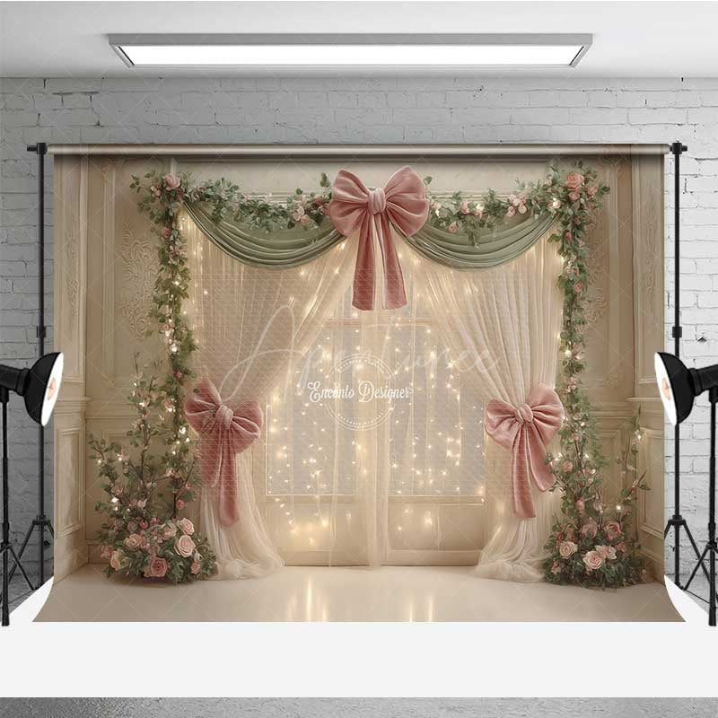 Aperturee - Aperturee Elegant Wedding Photography Backdrop Pink Bows and Fairy Light Curtains Romantic and Dreamy Stage Photo Prop