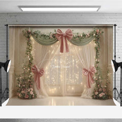 Aperturee - Aperturee Elegant Wedding Photography Backdrop Pink Bows and Fairy Light Curtains Romantic and Dreamy Stage Photo Prop