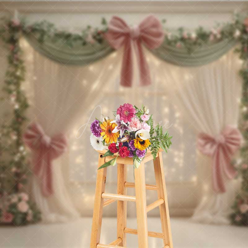 Aperturee - Aperturee Elegant Wedding Photography Backdrop Pink Bows and Fairy Light Curtains Romantic and Dreamy Stage Photo Prop