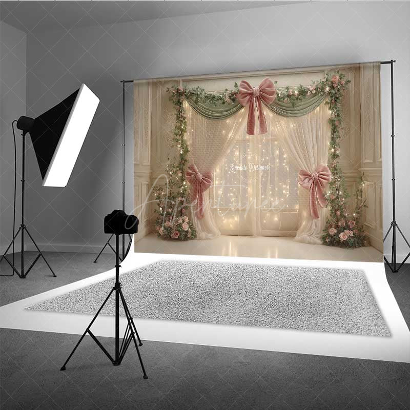 Aperturee - Aperturee Elegant Wedding Photography Backdrop Pink Bows and Fairy Light Curtains Romantic and Dreamy Stage Photo Prop