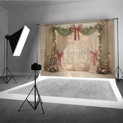 Aperturee - Aperturee Elegant Wedding Photography Backdrop Pink Bows and Fairy Light Curtains Romantic and Dreamy Stage Photo Prop