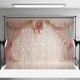 Aperturee - Aperturee Elegant Wedding Photography Backdrop Pink Bows with Fairy Light Curtains Romantic and Dreamy Stage Photo Prop