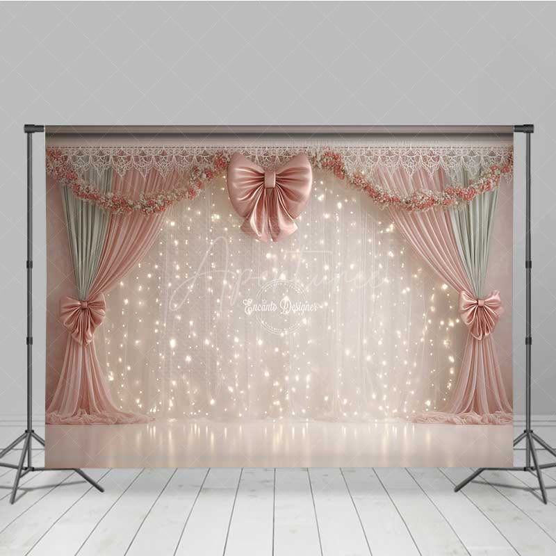 Aperturee - Aperturee Elegant Wedding Photography Backdrop Pink Bows with Fairy Light Curtains Romantic and Dreamy Stage Photo Prop