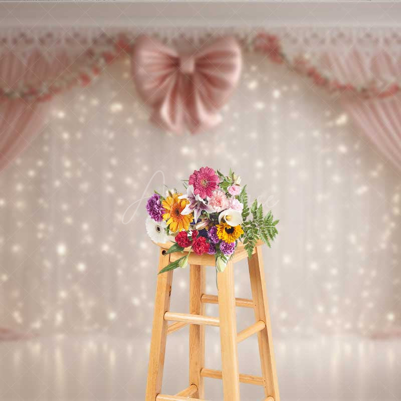 Aperturee - Aperturee Elegant Wedding Photography Backdrop Pink Bows with Fairy Light Curtains Romantic and Dreamy Stage Photo Prop