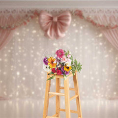 Aperturee - Aperturee Elegant Wedding Photography Backdrop Pink Bows with Fairy Light Curtains Romantic and Dreamy Stage Photo Prop
