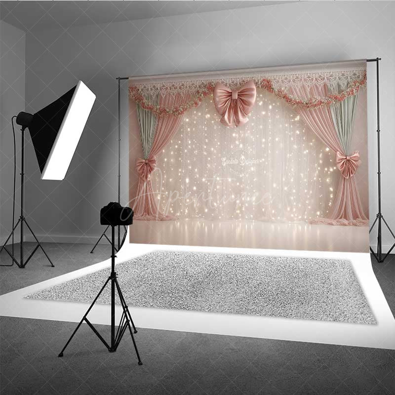 Aperturee - Aperturee Elegant Wedding Photography Backdrop Pink Bows with Fairy Light Curtains Romantic and Dreamy Stage Photo Prop