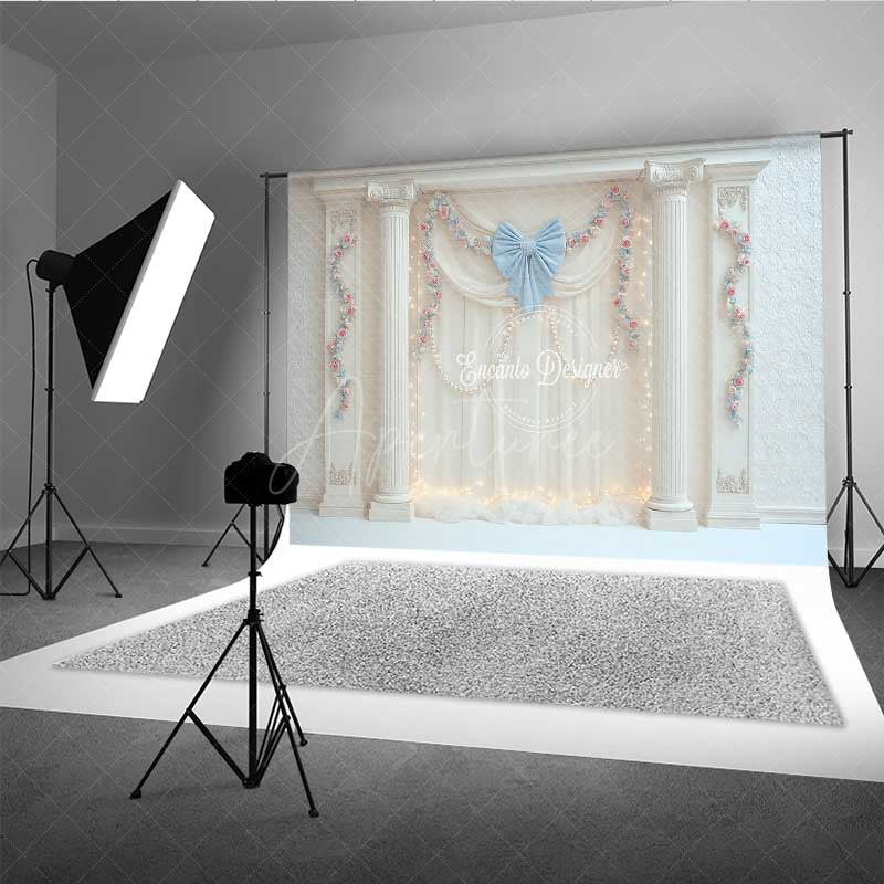 Aperturee - Aperturee Elegant Wedding Photography Backdrop White Drapes with Blue Bows and Columns Romantic Fairytale Stage Prop