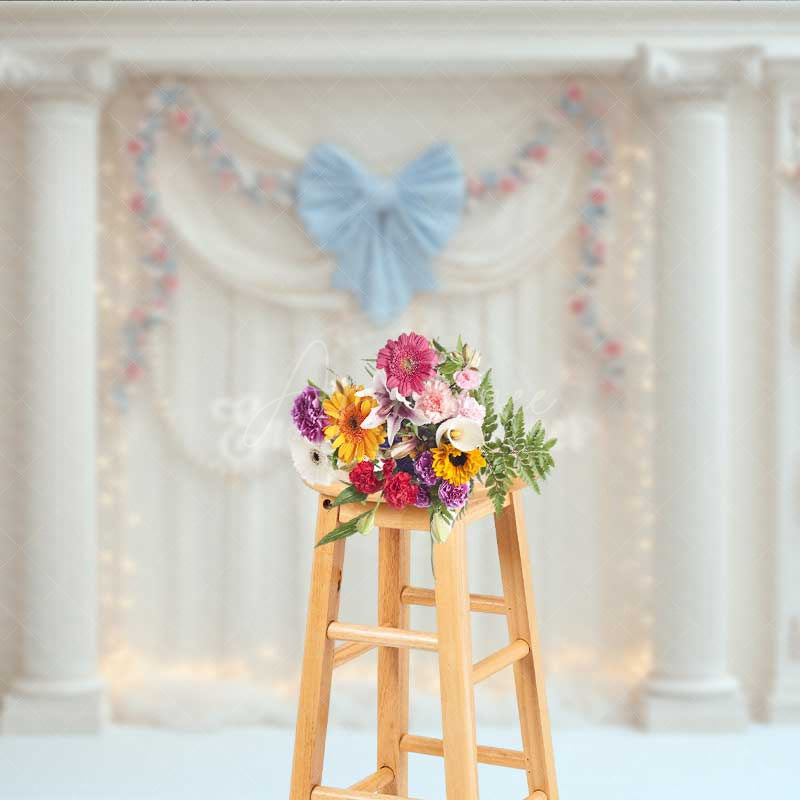 Aperturee - Aperturee Elegant Wedding Photography Backdrop White Drapes with Blue Bows and Columns Romantic Fairytale Stage Prop