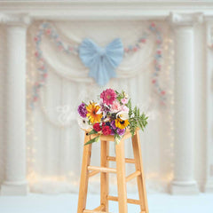 Aperturee - Aperturee Elegant Wedding Photography Backdrop White Drapes with Blue Bows and Columns Romantic Fairytale Stage Prop