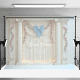 Aperturee - Aperturee Elegant Wedding Photography Backdrop White Drapes with Blue Bows and Columns Romantic Fairytale Stage Prop