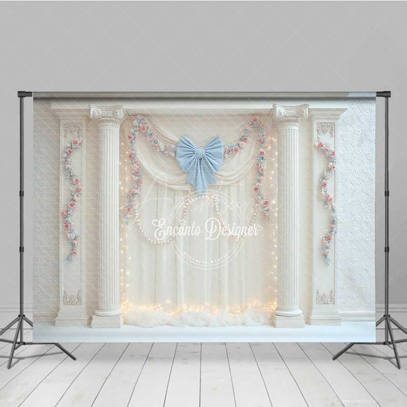 Aperturee - Aperturee Elegant Wedding Photography Backdrop White Drapes with Blue Bows and Columns Romantic Fairytale Stage Prop
