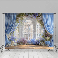 Aperturee - Aperturee Elegant Wedding Window Backdrop Blue Drapes with Purple Floral Bridal Shower Photography Background Decor